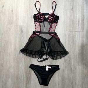 Victoria's Secret Black Mesh Babydoll with Pink Heart Accents